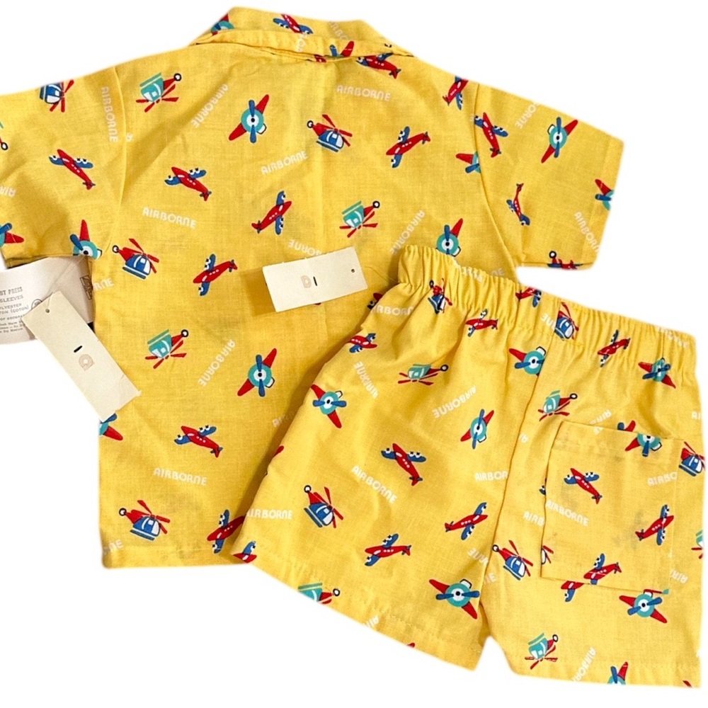 NEW Vintage Healthtex Toddler Yellow Airplane Outfit Set Button Down & Shorts - Picture 5 of 16